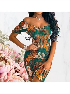 Prettygarden Green Floral Off-Shoulder Mini Dress